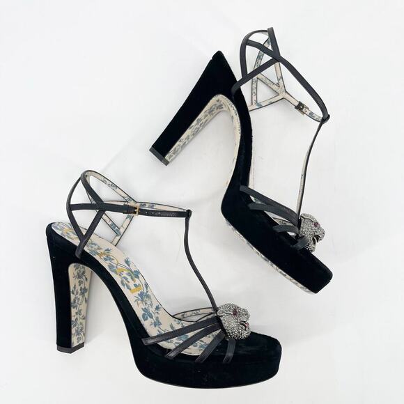 Gucci Black Velvet Elias Platform Sandals with Crystal Tiger Feline Head EU 40 - Picture 3 of 12